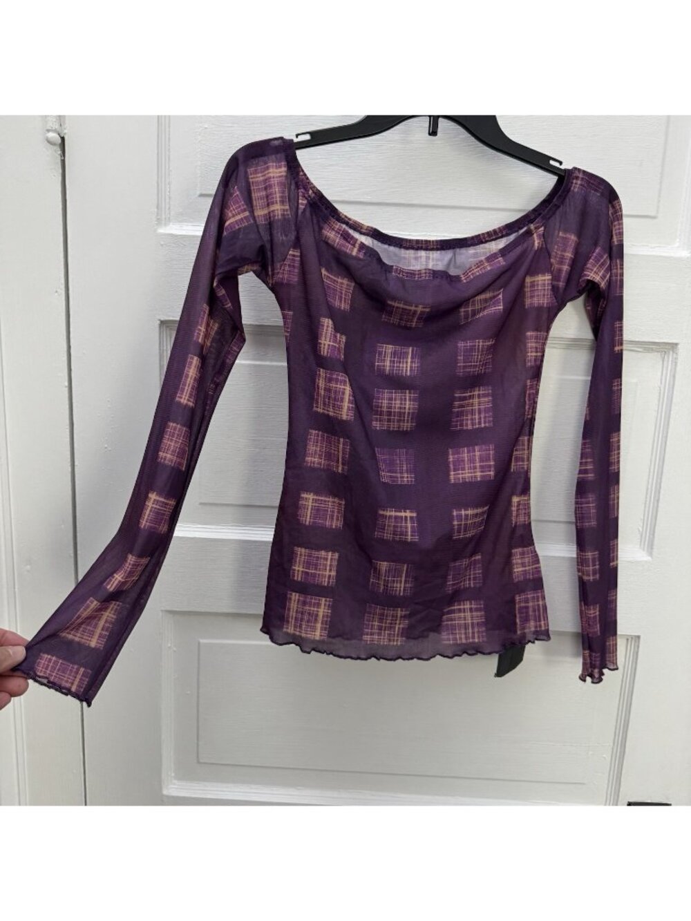 Solado Purple Sheer Mesh Plaid Print Long Sleeve Top NWT Women’s M